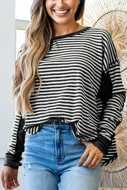 Black Stripe Thermal Knit Drop Shoulder Casual Top