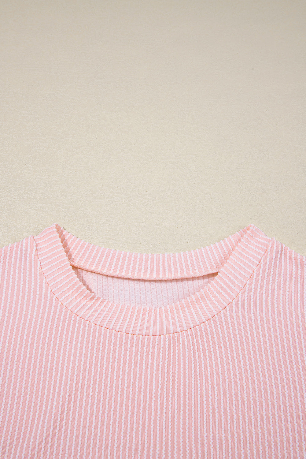 Pink Corded Knit Color Block Pocketed Crew Neck T Shirt