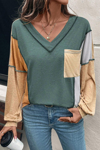 Four Leaf Clover Exposed Stitching Colorblock V Neck Long Sleeve Top