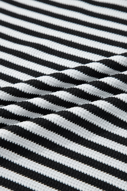 Black Stripe Thermal Knit Drop Shoulder Casual Top