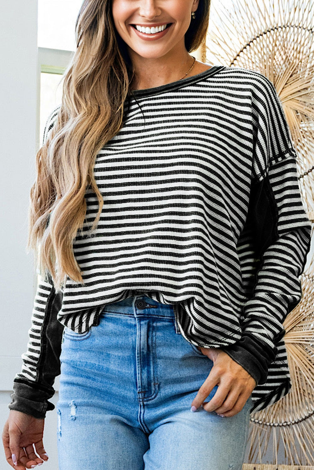 Black Stripe Thermal Knit Drop Shoulder Casual Top