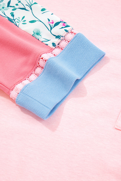 Light Pink Floral Colorblock Patchwork Chest Pocket Notched Neck Long Sleeve Top