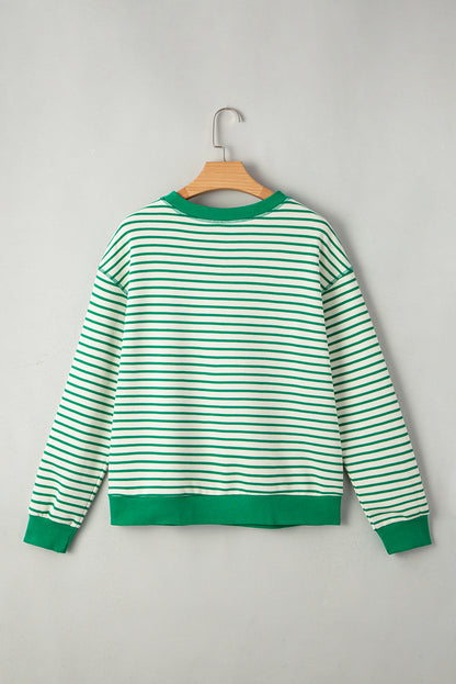 Bright Green Striped Exposed Seam Patchwork Loose Pullover Top