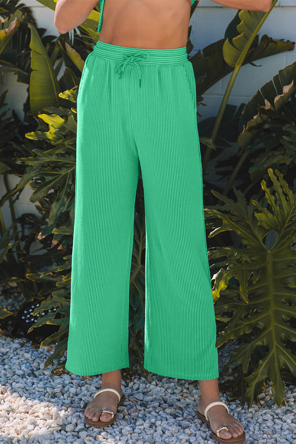 Bright Green Solid Corded Knit Short Sleeve T Shirt and Wide Leg Pants Set