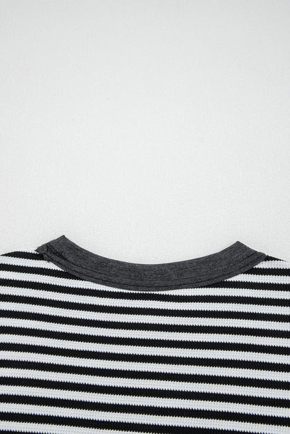 Black Stripe Thermal Knit Drop Shoulder Casual Top