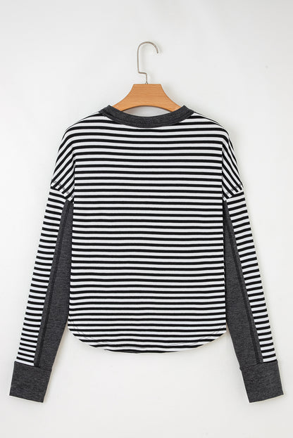 Black Stripe Thermal Knit Drop Shoulder Casual Top