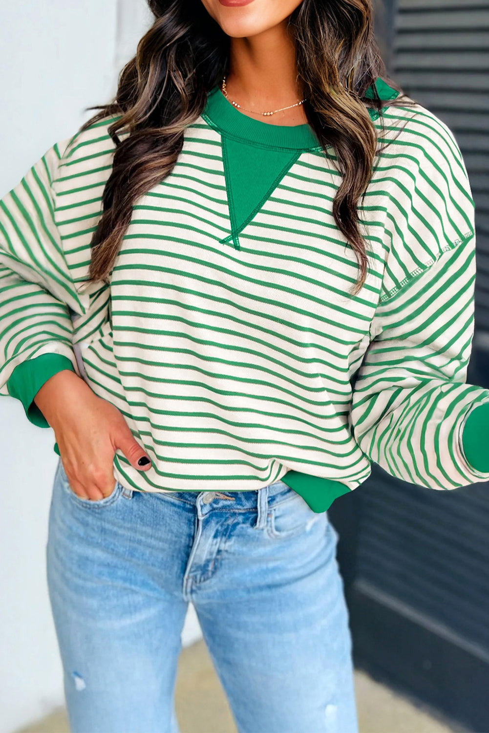 Bright Green Striped Exposed Seam Patchwork Loose Pullover Top