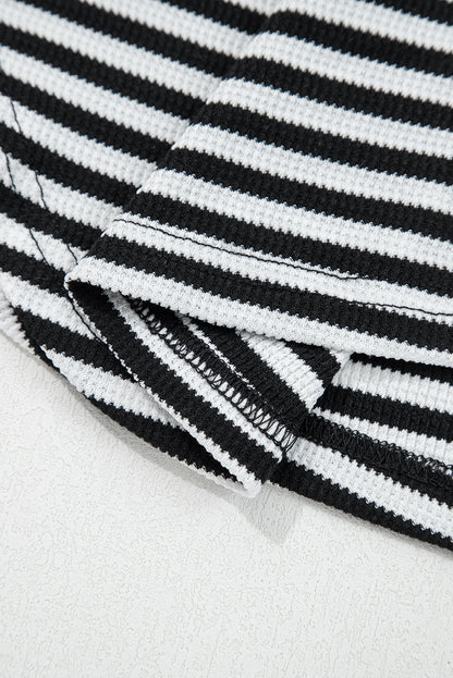 Black Stripe Thermal Knit Drop Shoulder Casual Top