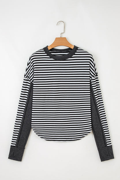 Black Stripe Thermal Knit Drop Shoulder Casual Top