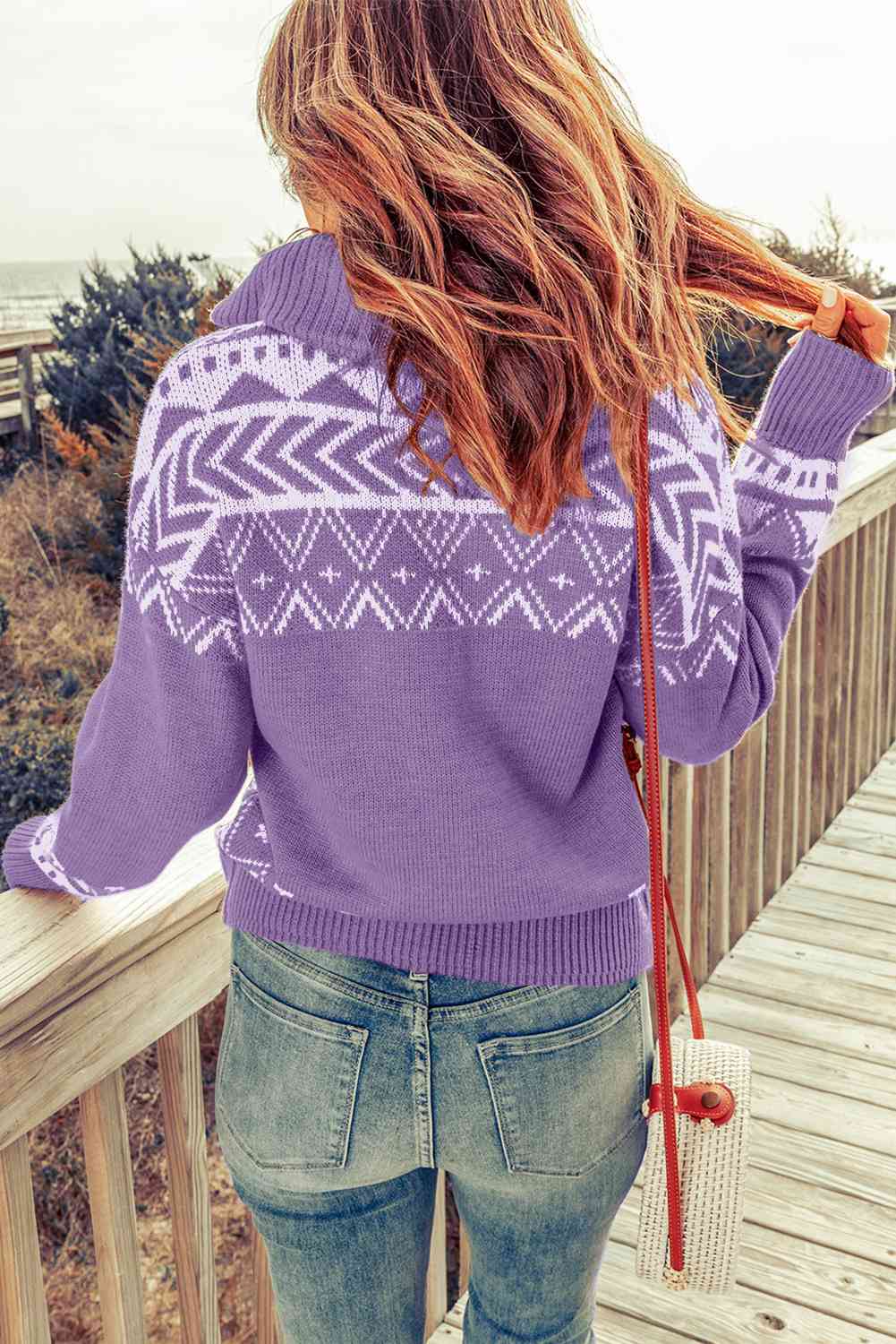 Zip-Up Mock Neck Dropped Shoulder Sweater